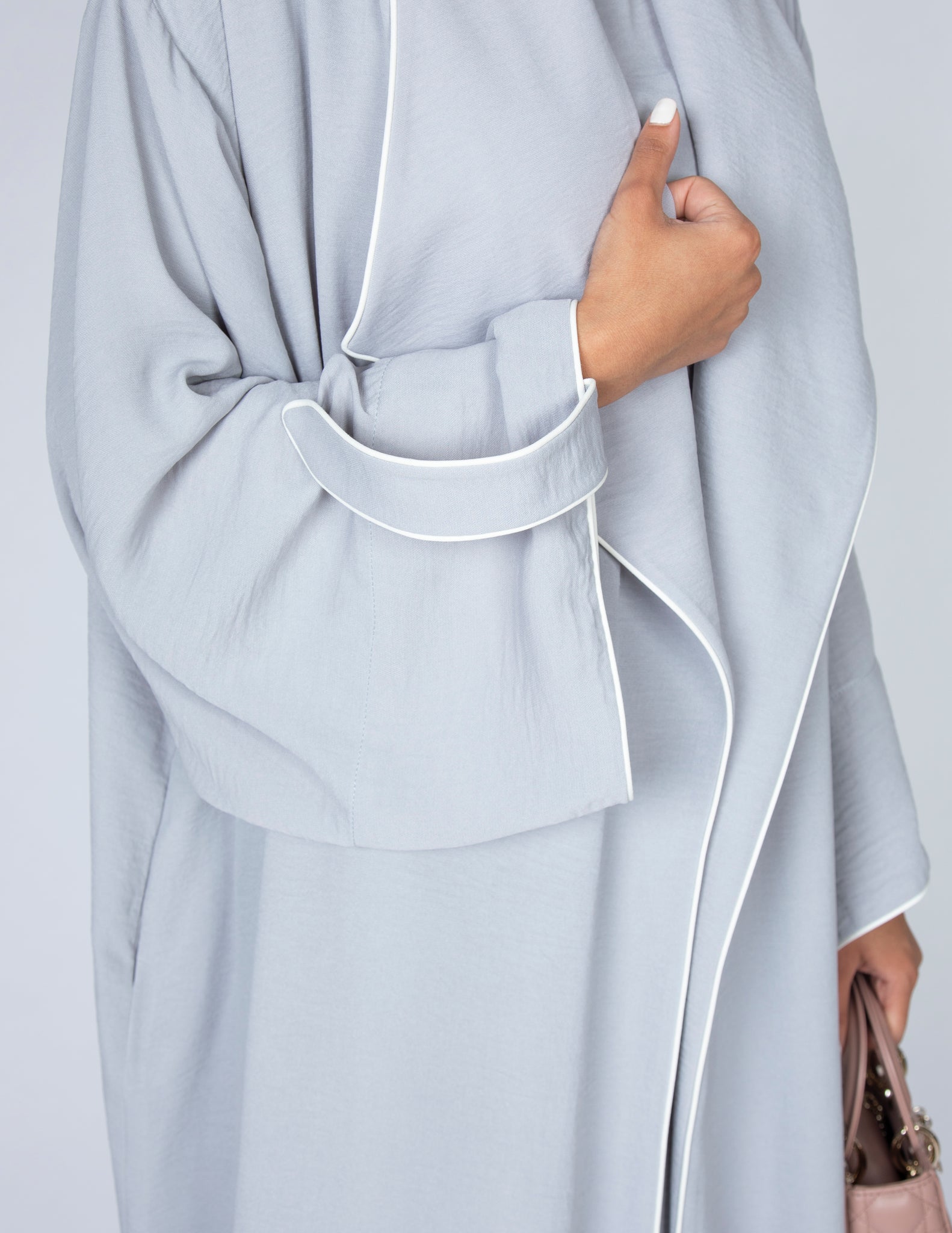 SS20 GREY WORK ABAYA WITH DRAPE LAPEL
