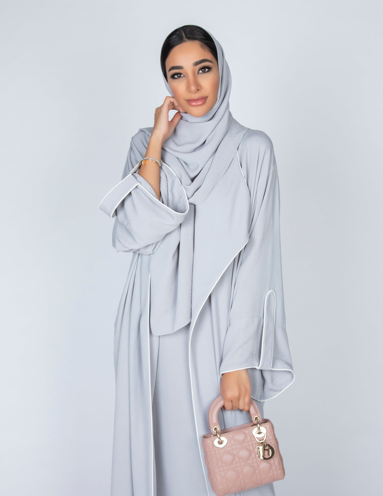 SS20 GREY WORK ABAYA WITH DRAPE LAPEL