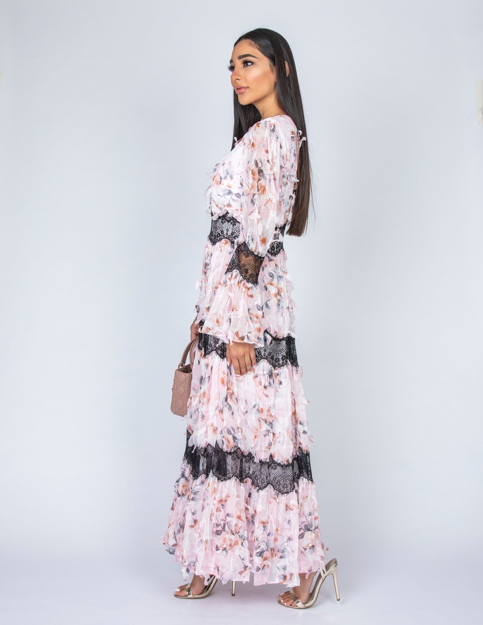 SS20 CANDICE PINK CHIFFON FRILL & LACE DRESS