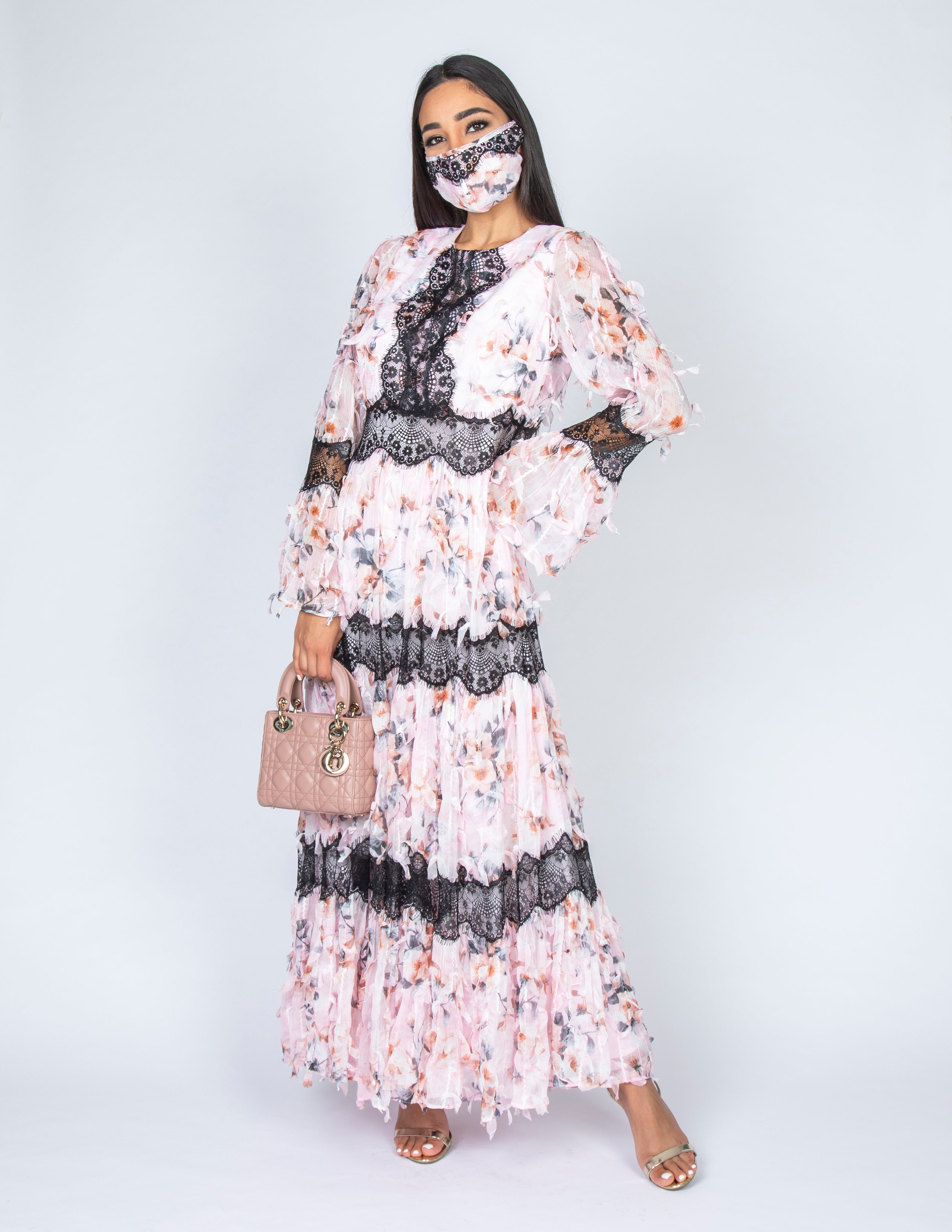 CANDICE PINK CHIFFON FRILL & LACE DRESS