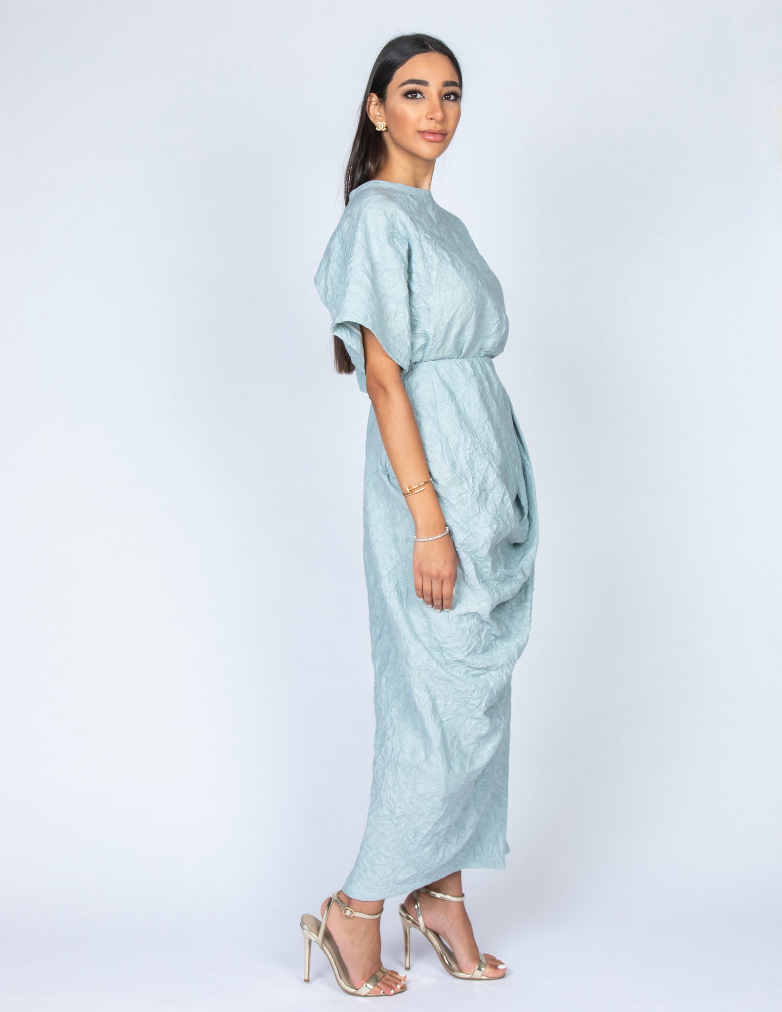 SS20 ORGANIC AQUA CRUSHED LINEN T SHIRT & FAUX WRAP DRAPE SKIRT SET