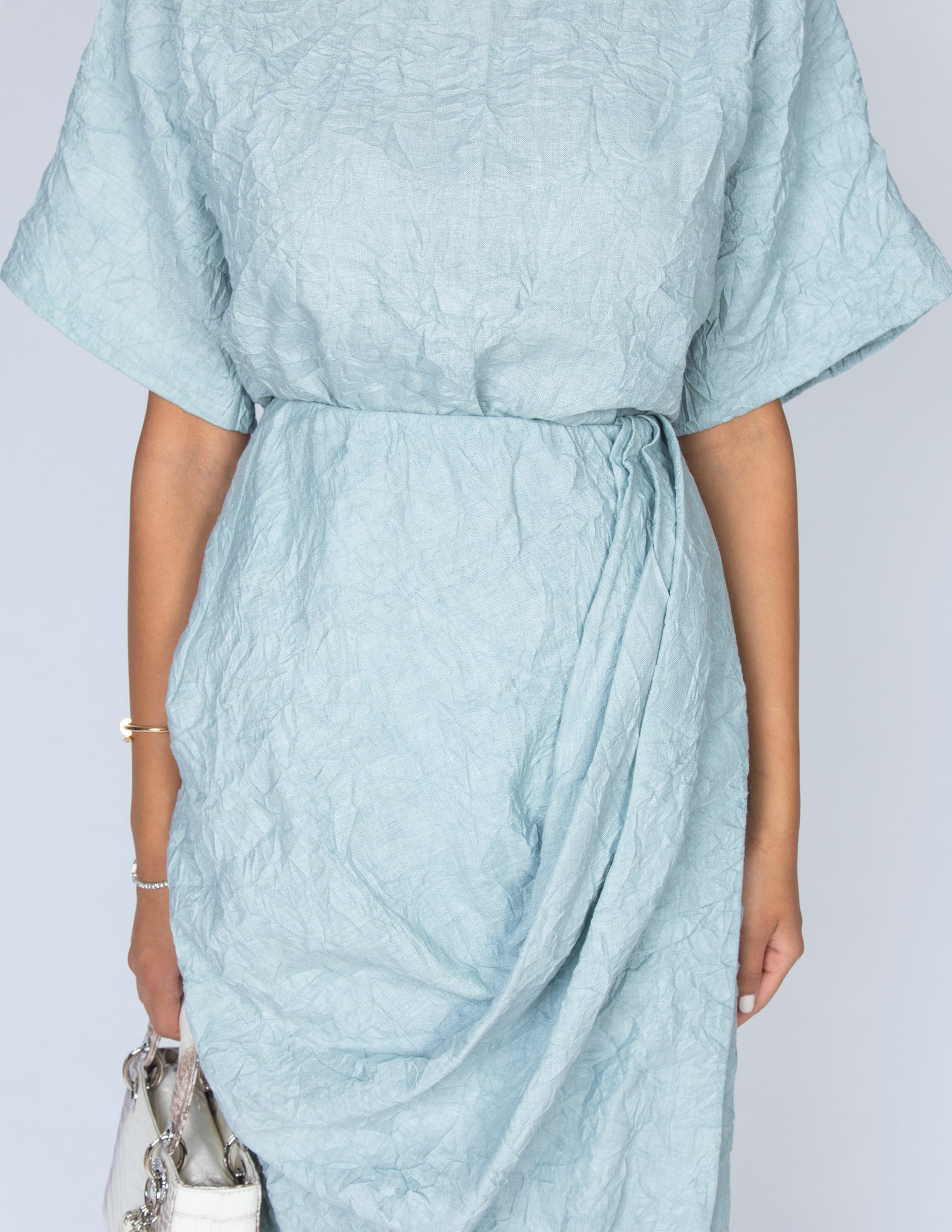 SS20 ORGANIC AQUA CRUSHED LINEN T SHIRT & FAUX WRAP DRAPE SKIRT SET