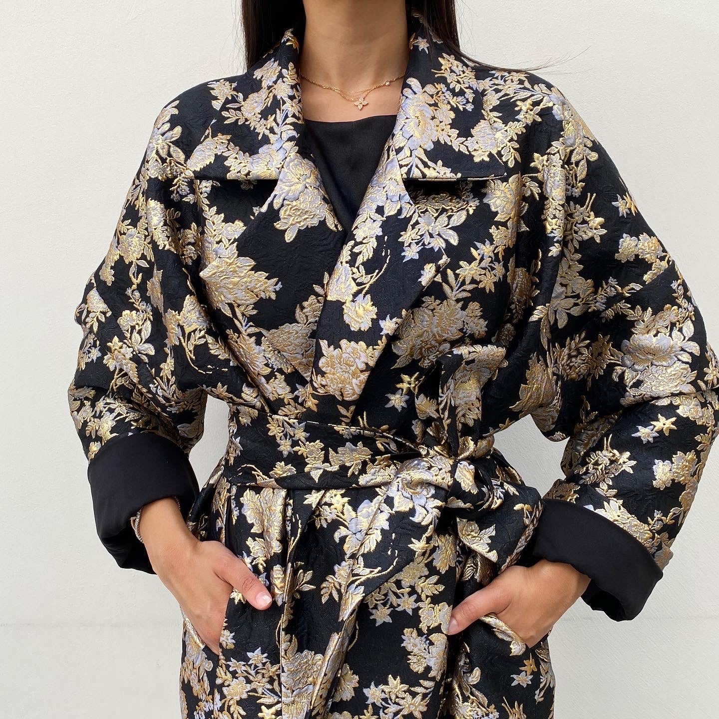 RAM20 PARIS BLACK & GOLD BROCADE LINED OVERCOAT
