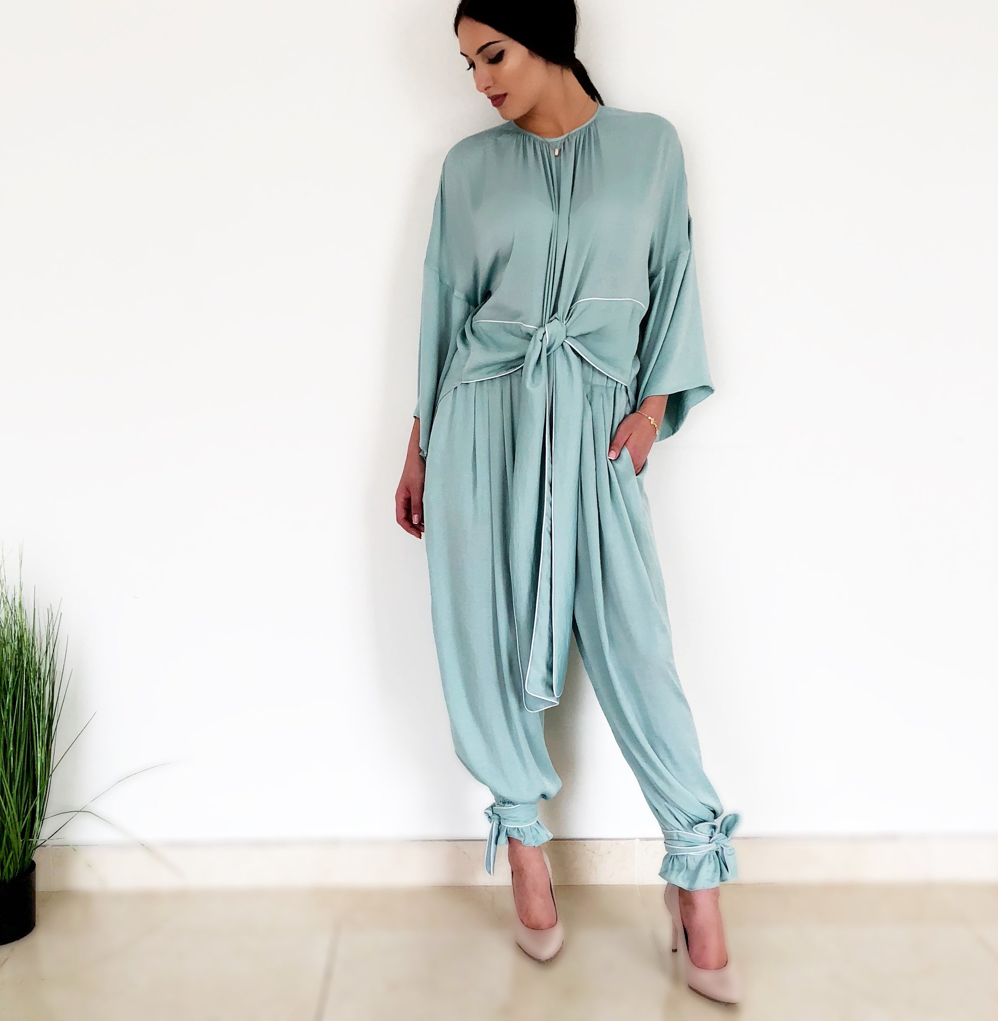 AW18 Matt Silk Turquoise Tie Knot Top