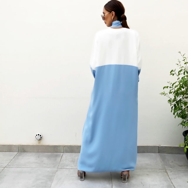 AW19 BABY BLUE CREPE TIE COLOUR BLOCK ABAYA
