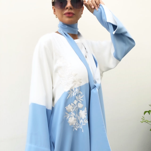AW19 BABY BLUE CREPE TIE COLOUR BLOCK ABAYA