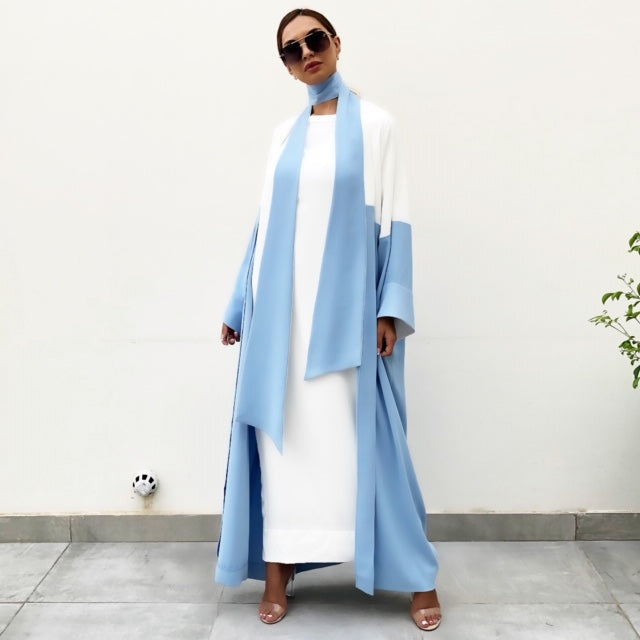 AW19 BABY BLUE CREPE TIE COLOUR BLOCK ABAYA