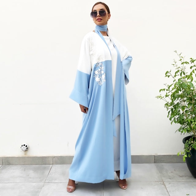 AW19 BABY BLUE CREPE TIE COLOUR BLOCK ABAYA