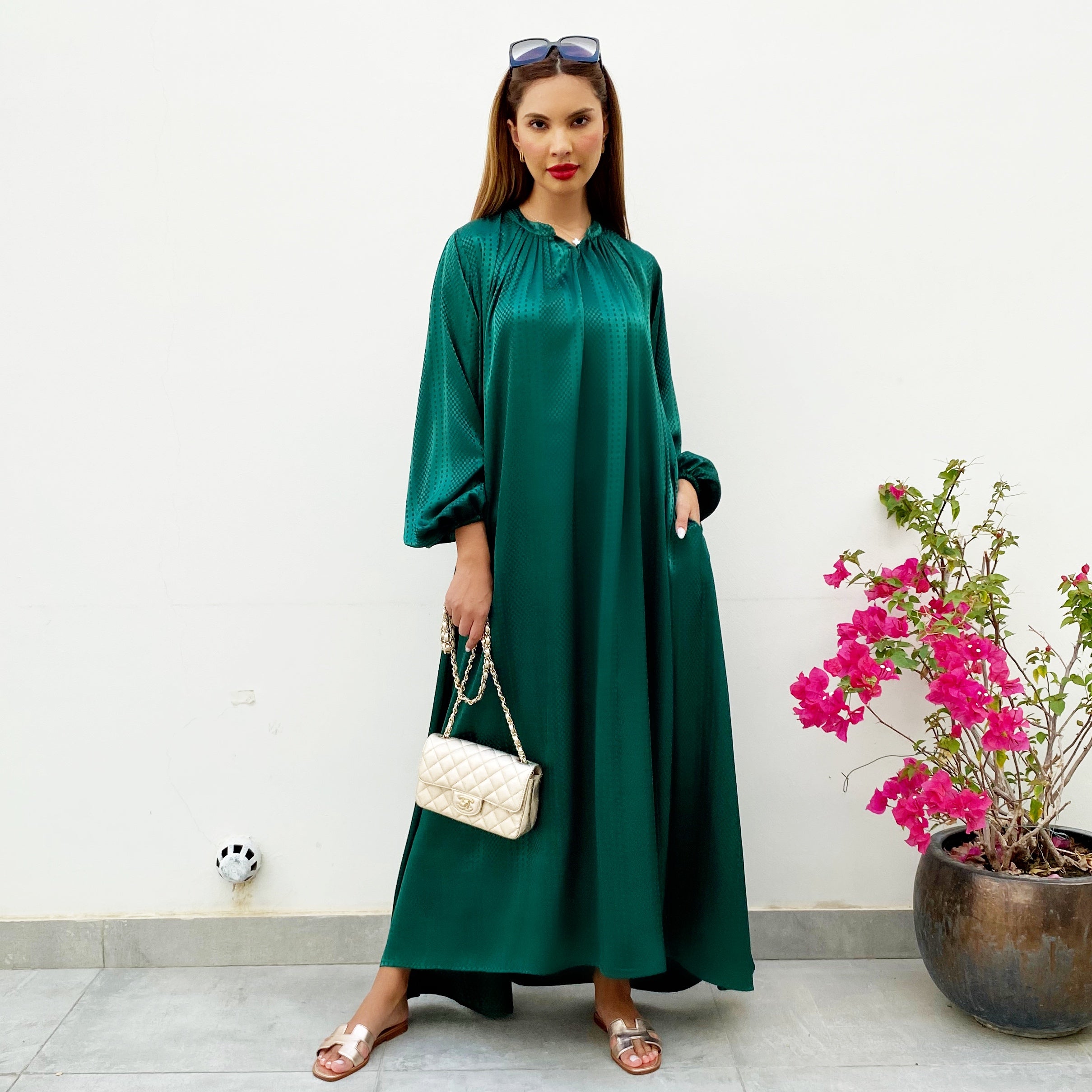 LINA EMERALD GREEN KAFTAN BELTED MAXI DRESS