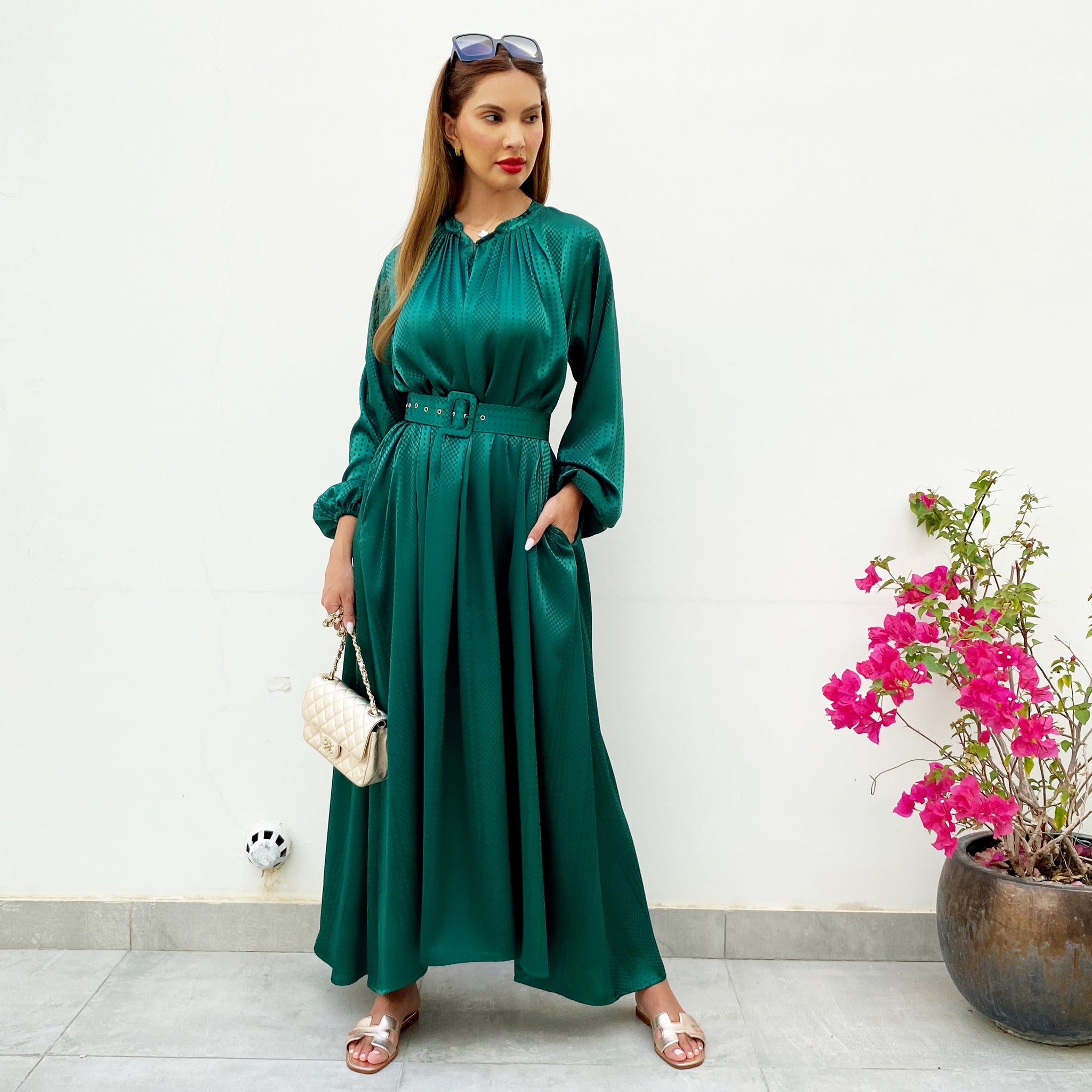 RAM21 LINA EMERALD GREEN KAFTAN BELTED MAXI DRESS