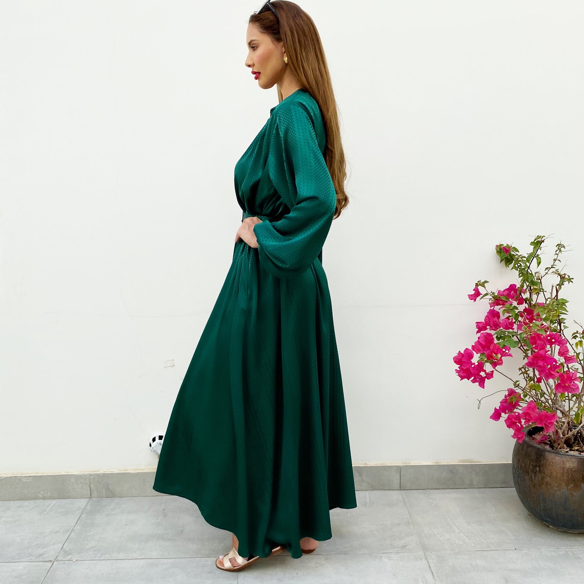 RAM21 LINA EMERALD GREEN KAFTAN BELTED MAXI DRESS