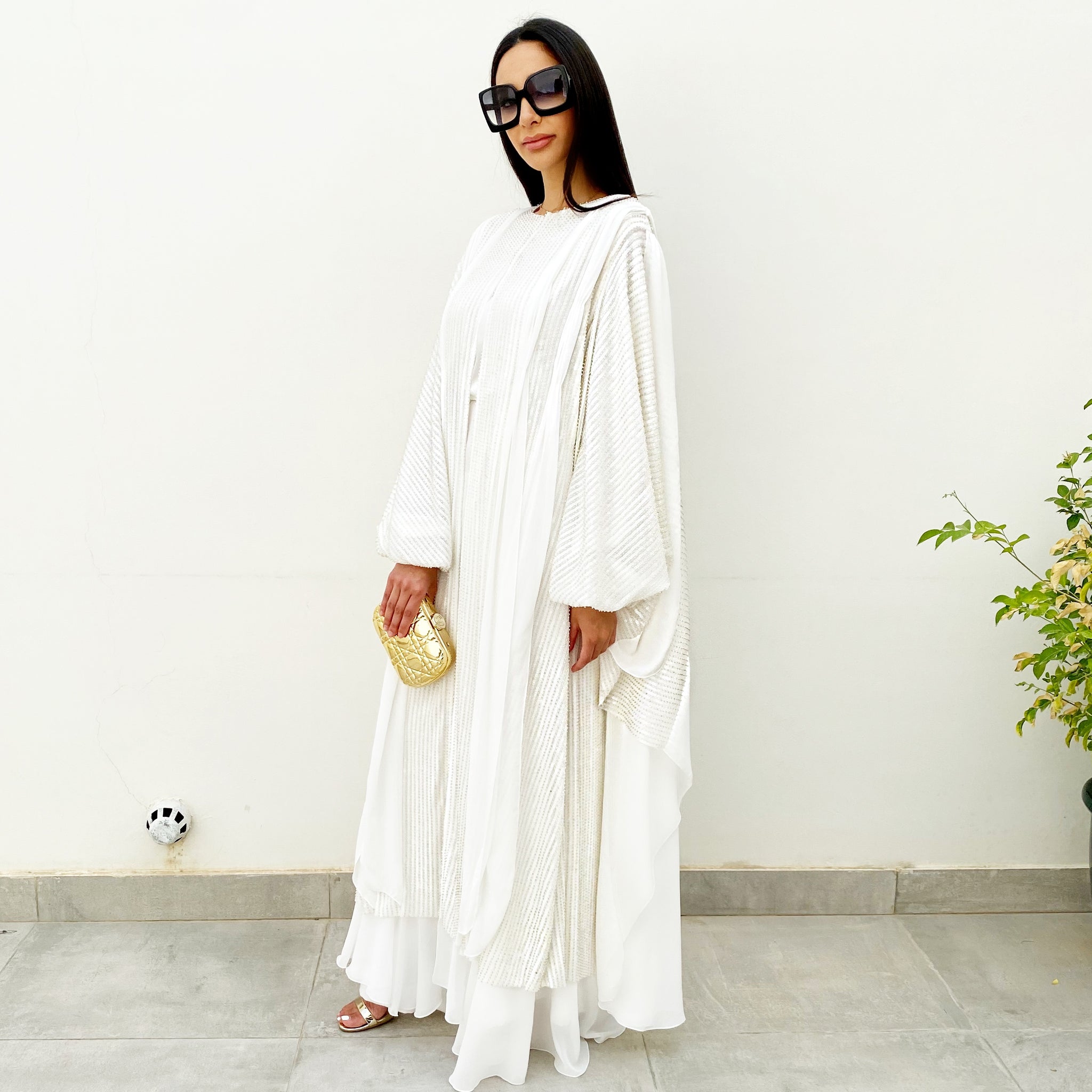 RAM20 DANA WHITE BEADS & SEQUINS TULLE CHIFFON ABAYA