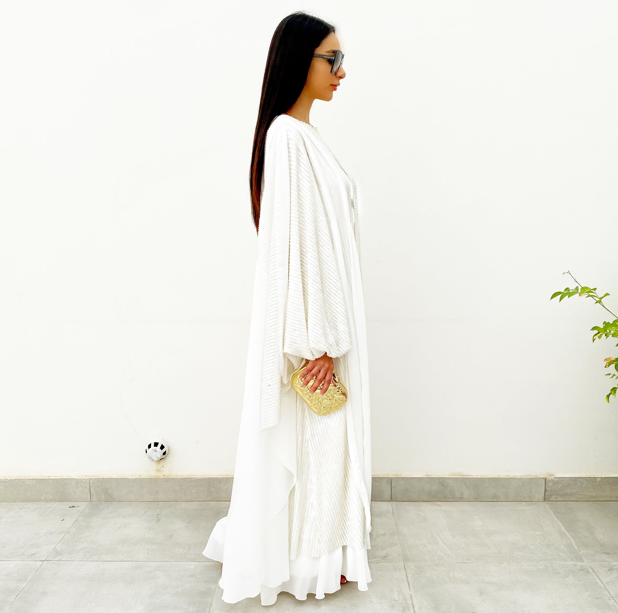 RAM20 DANA WHITE BEADS & SEQUINS TULLE CHIFFON ABAYA