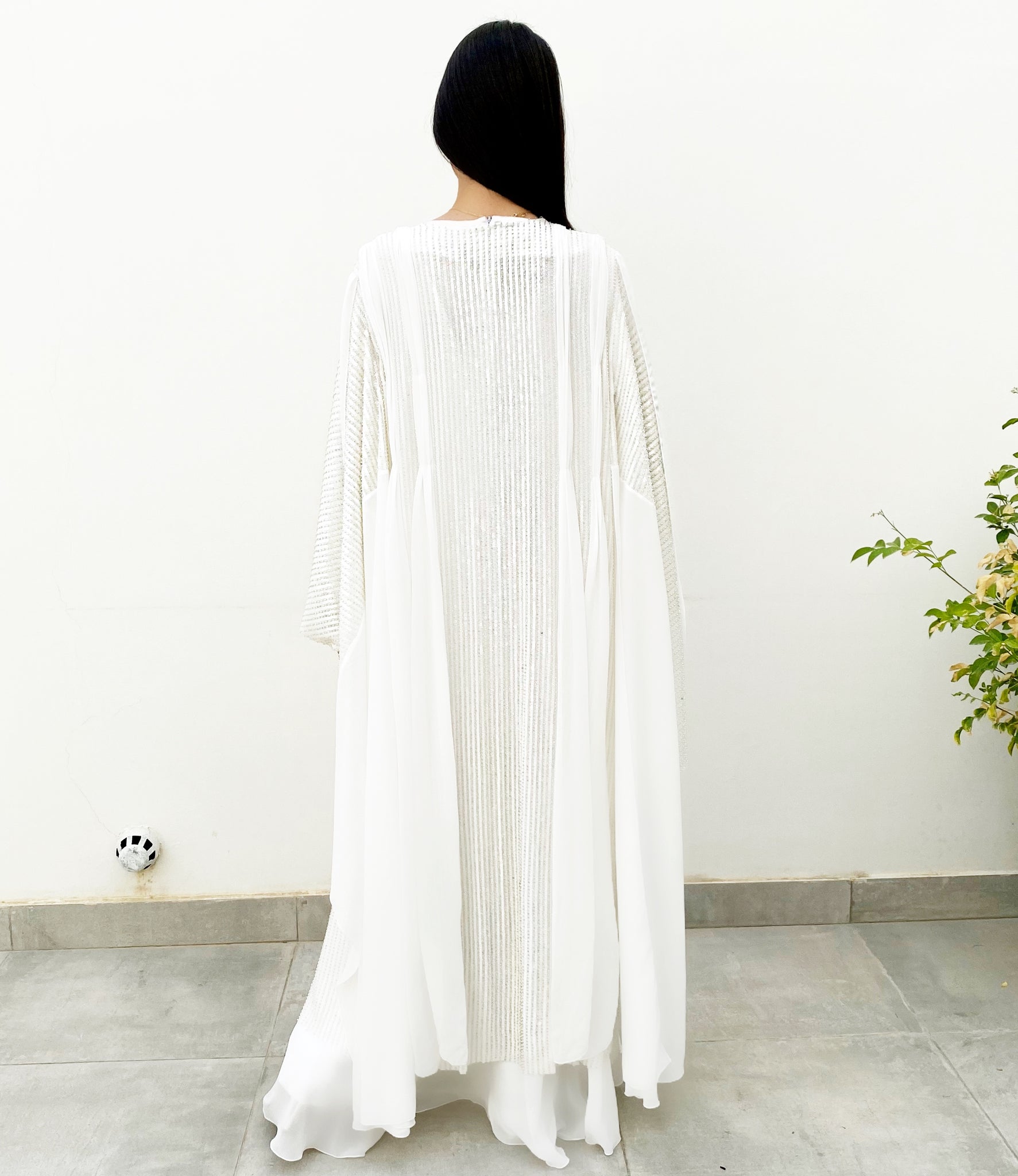 RAM20 DANA WHITE BEADS & SEQUINS TULLE CHIFFON ABAYA