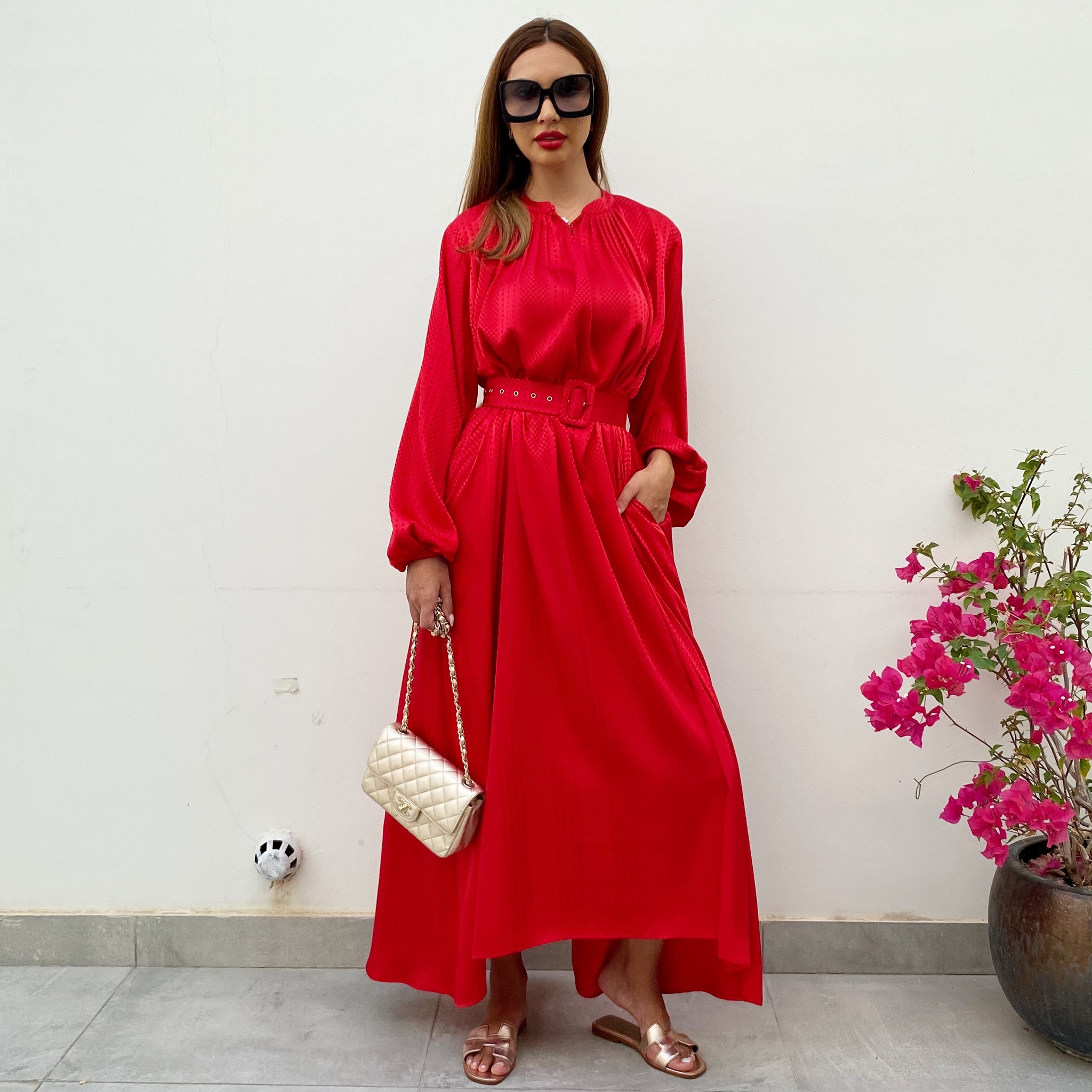 RAM21 LINA RUBY RED KAFTAN BELTED MAXI DRESS