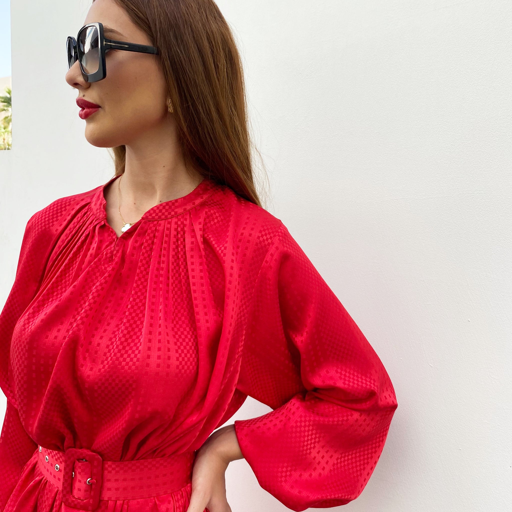 RAM21 LINA RUBY RED KAFTAN BELTED MAXI DRESS