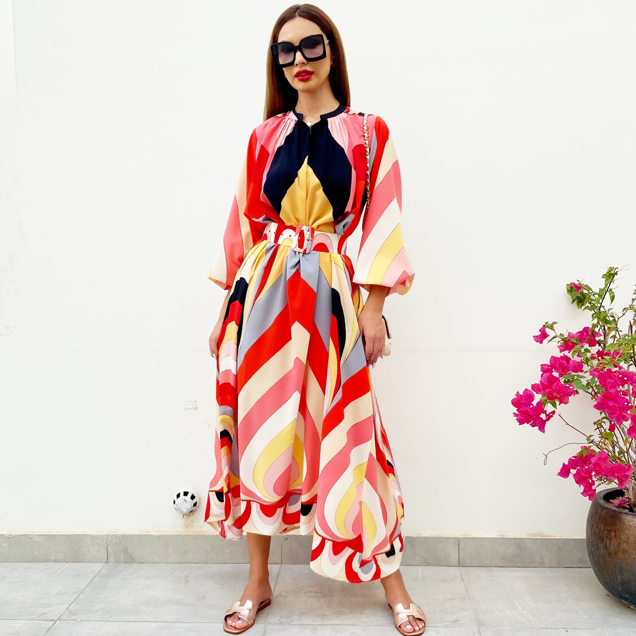RAM21 RED LINA 70s PRINT KAFTAN DRESS