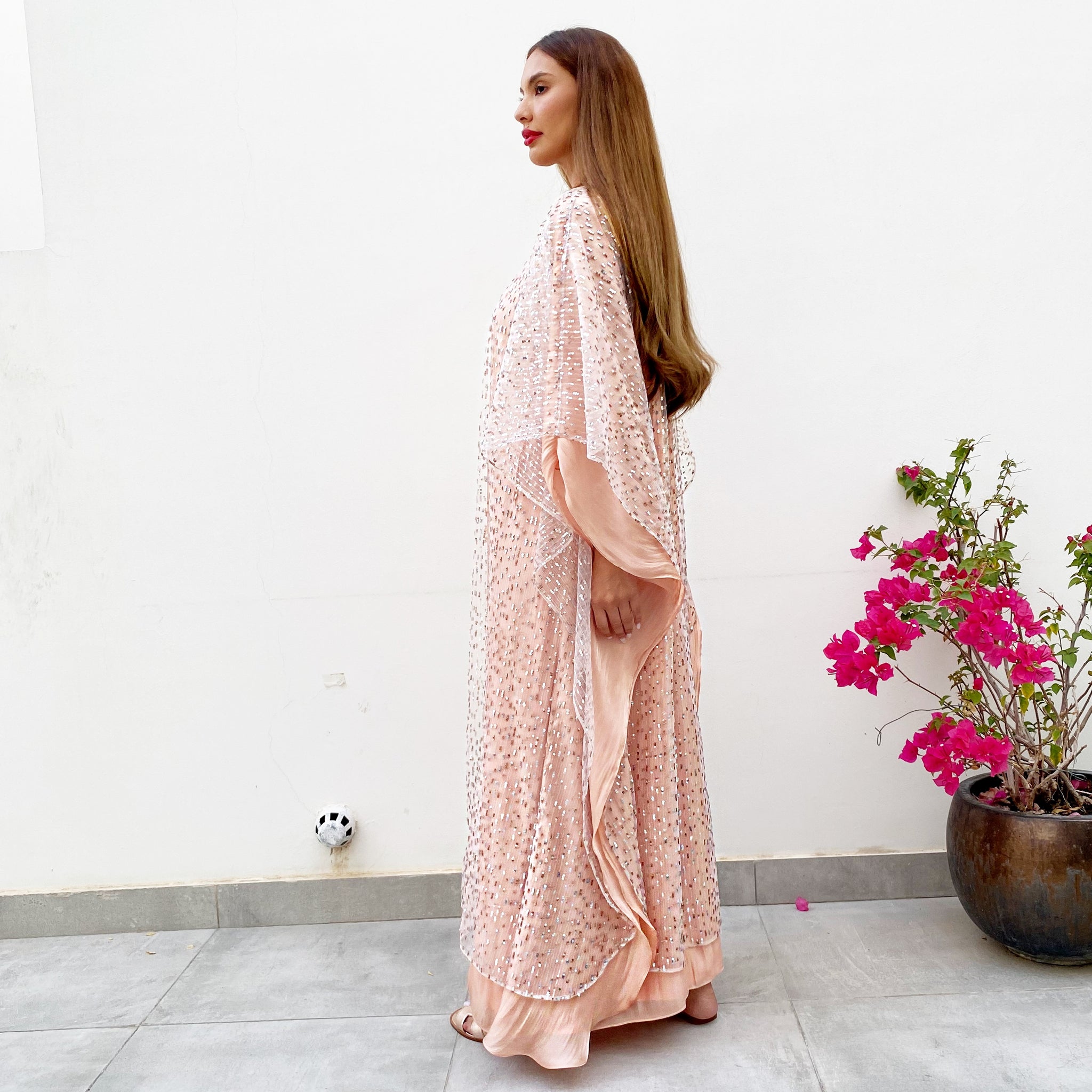 RAM21 SAMEERA PALE PEACH TULLE & SEQUINS KAFTAN