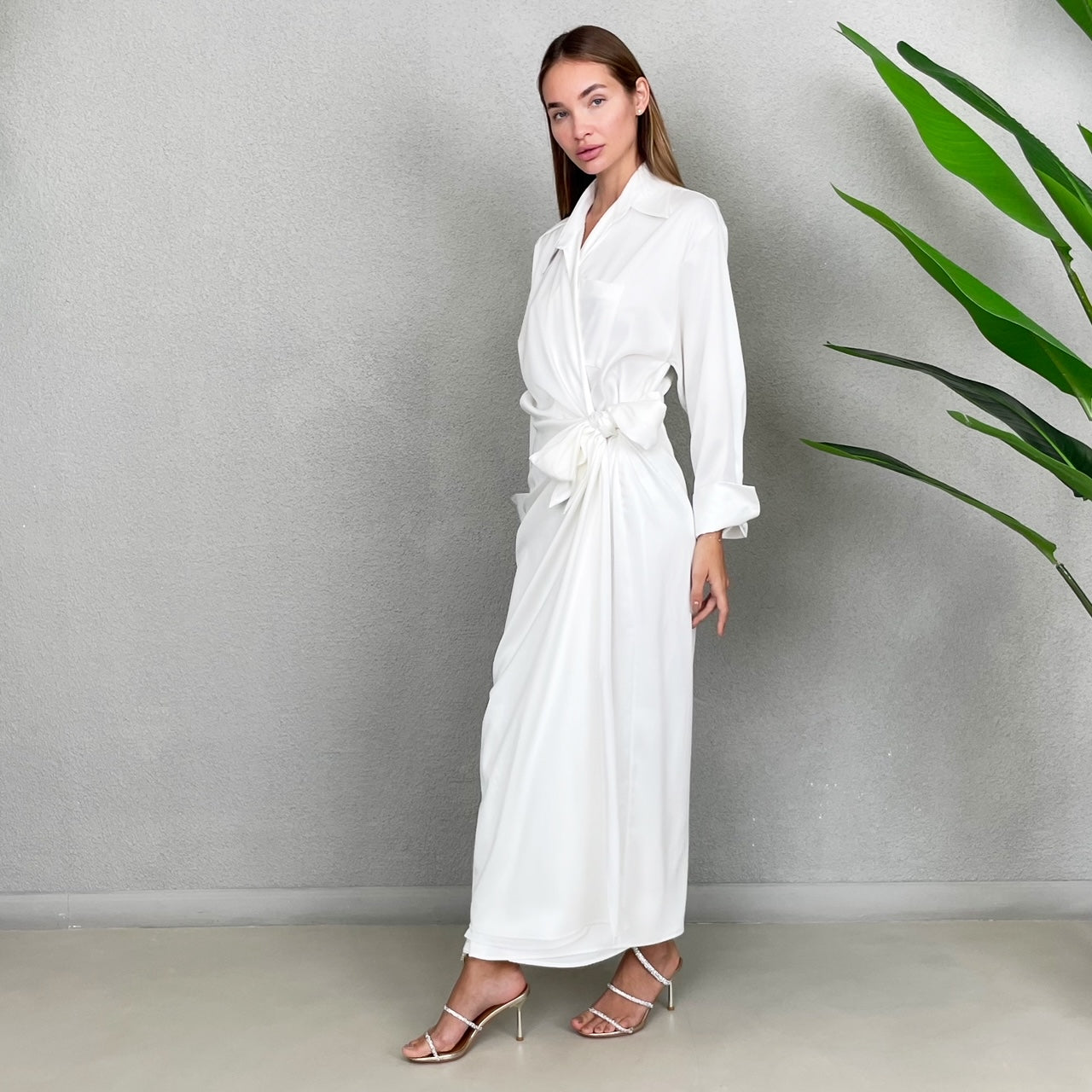 RAM23 NAOMI WHITE SHIRT WRAP SATIN DRESS