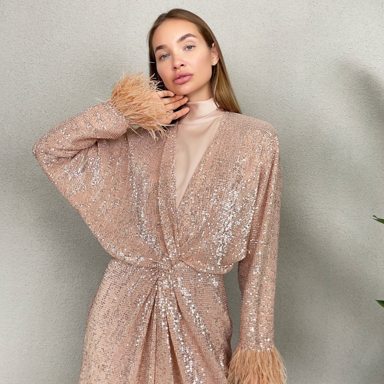RAM22 ROSE GOLD SEQUINS KNOT FRONT DRESS