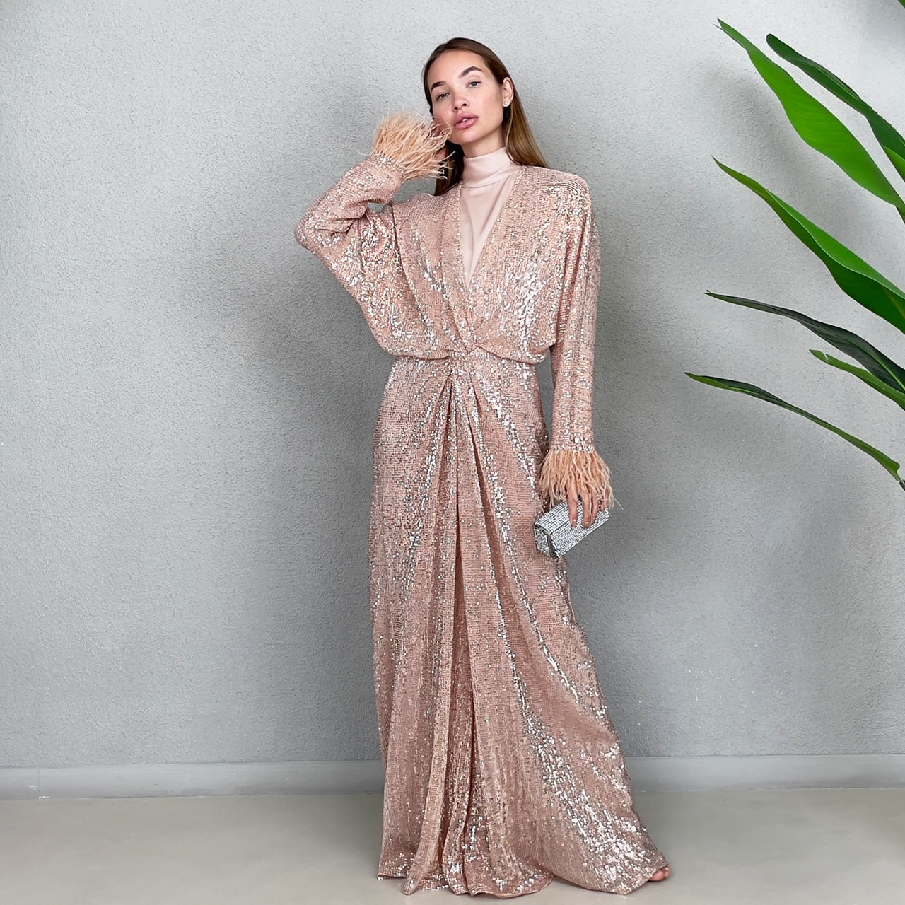 RAM22 ROSE GOLD SEQUINS KNOT FRONT DRESS