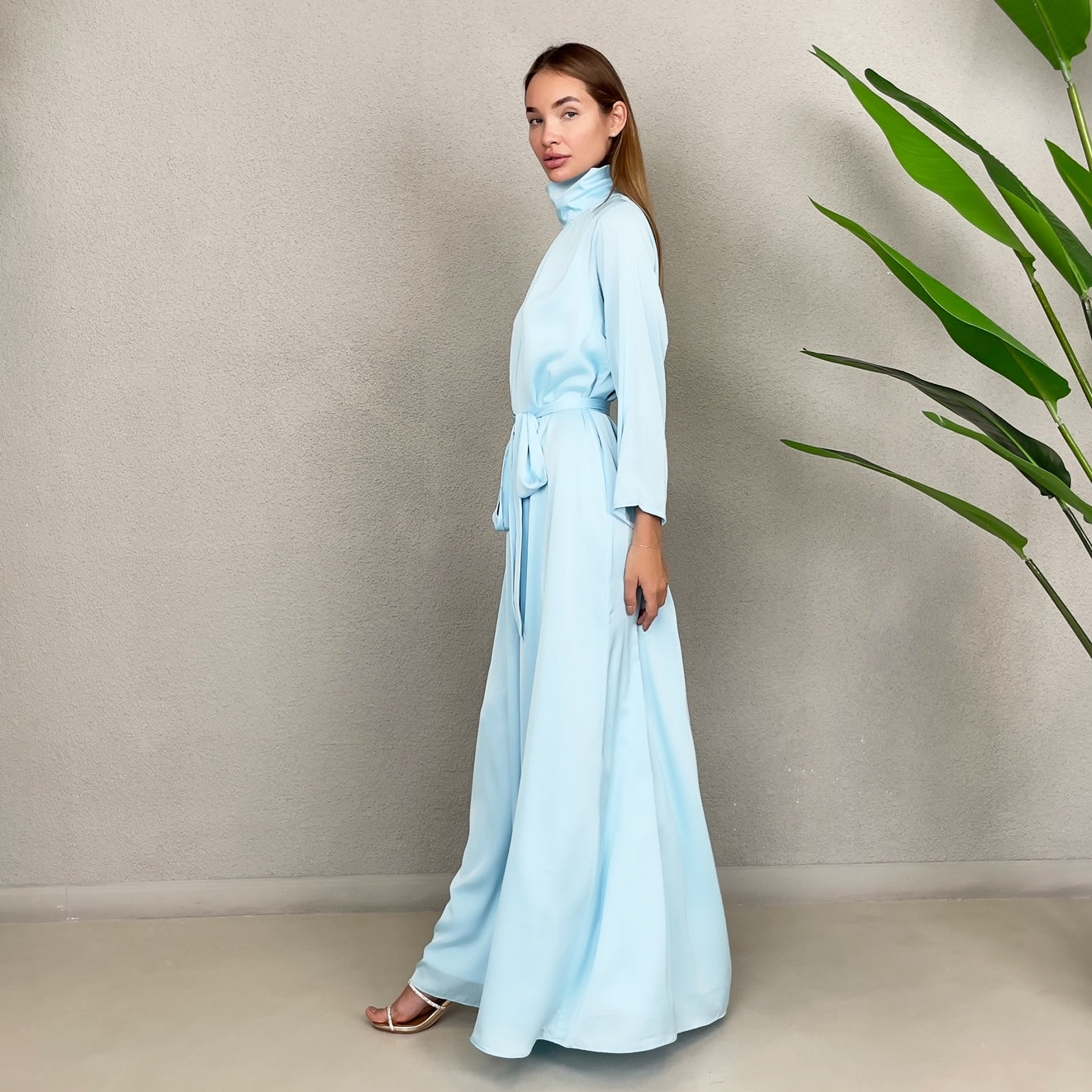 RAM23 TESSA BABY BLUE SATIN HIGH NECK DRESS