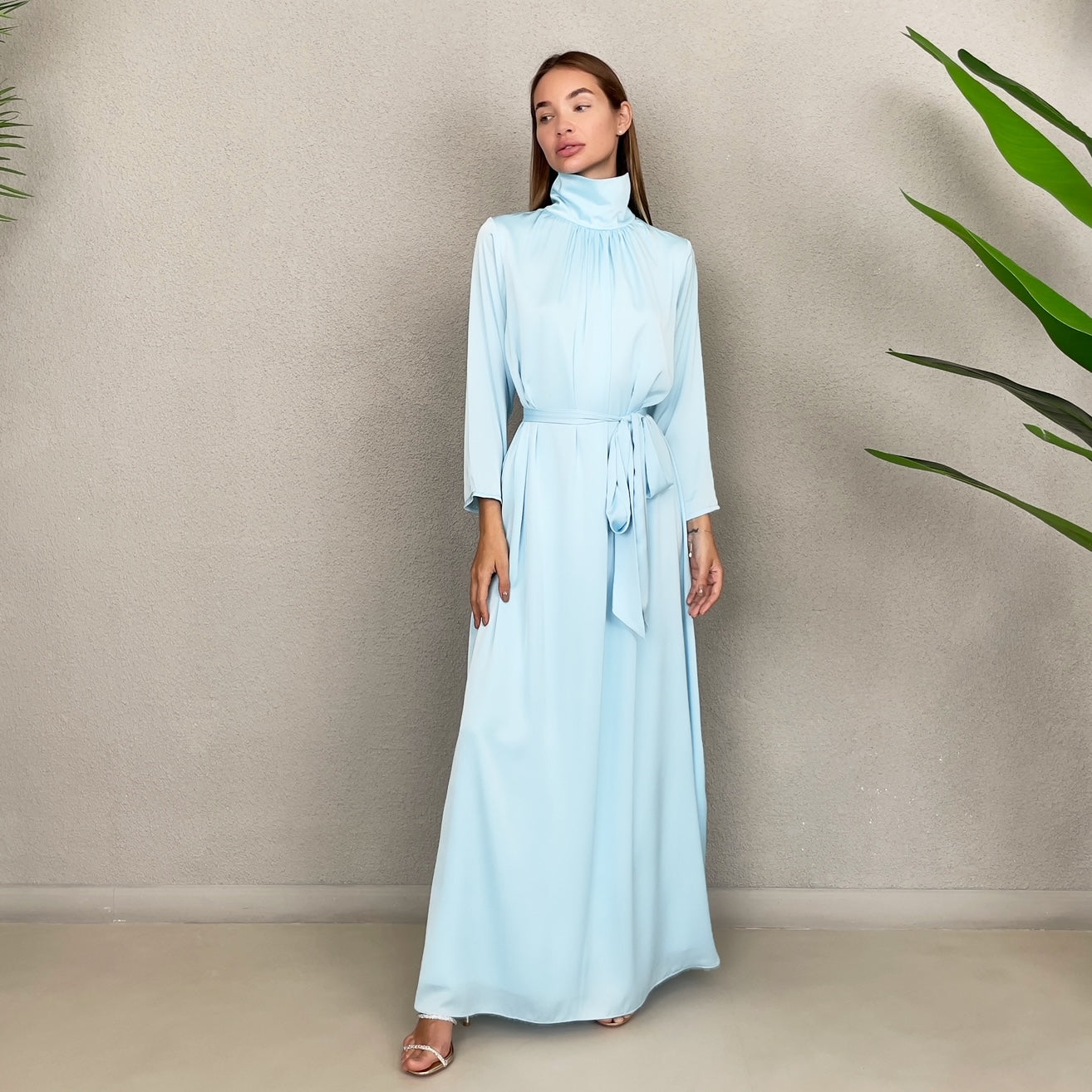 RAM23 TESSA BABY BLUE SATIN HIGH NECK DRESS