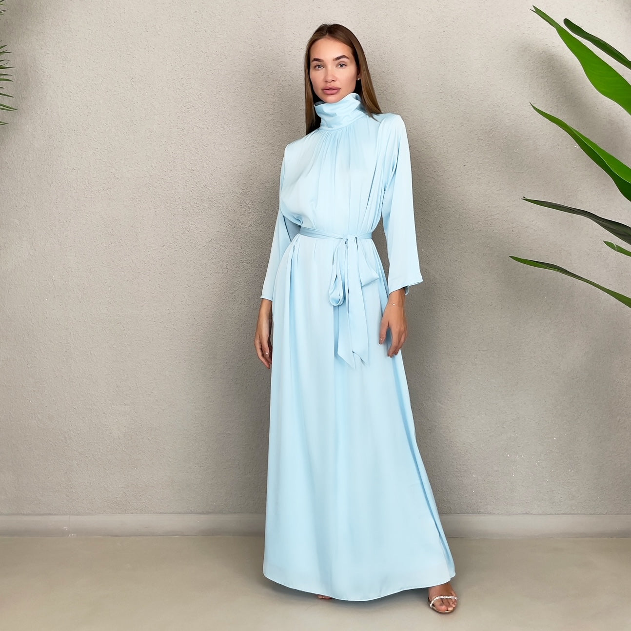 RAM23 TESSA BABY BLUE SATIN HIGH NECK DRESS