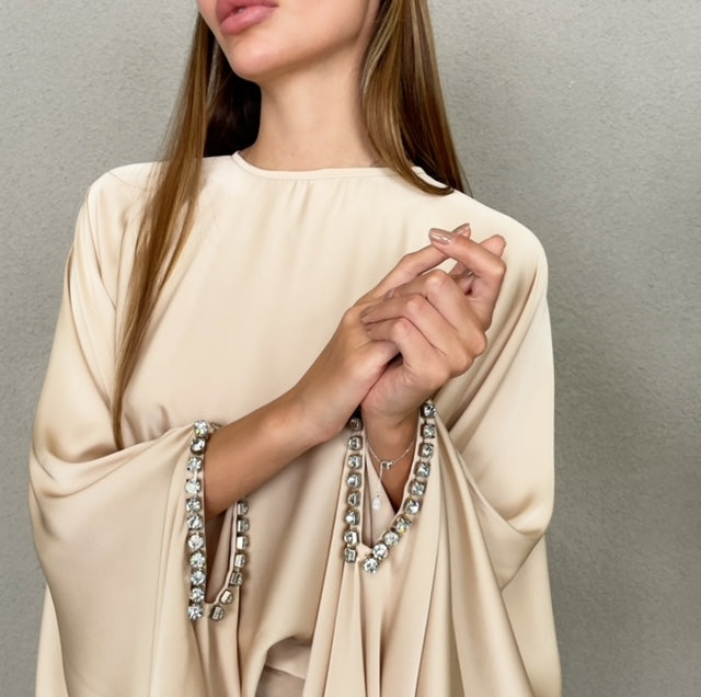 RAM23 KAMILLAH BEIGE SILK SATIN FISHTAIL SKIRT SET