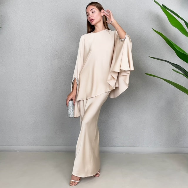 RAM23 KAMILLAH BEIGE SILK SATIN FISHTAIL SKIRT SET