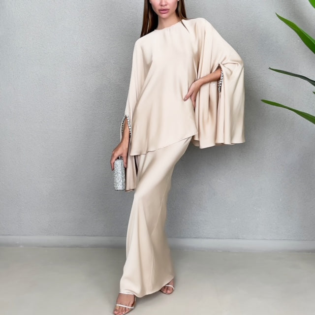 RAM23 KAMILLAH BEIGE SILK SATIN FISHTAIL SKIRT SET