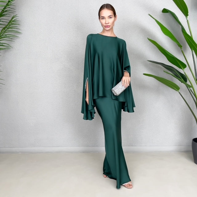 RAM23 KAMILLAH EMERALD SILK SATIN FISHTAIL SKIRT