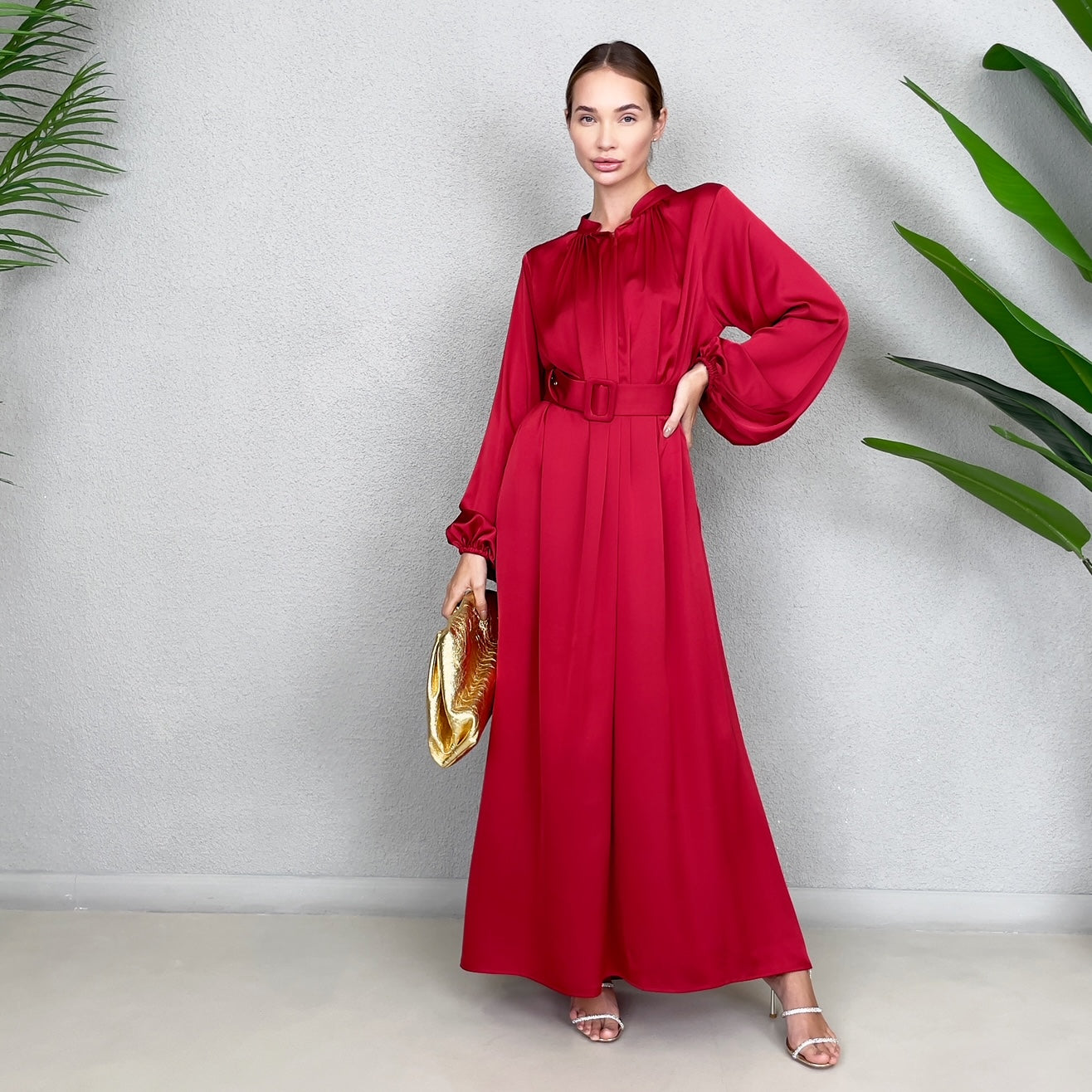 RAM23 LINA RED PEPPER KAFTAN BELTED MAXI DRESS