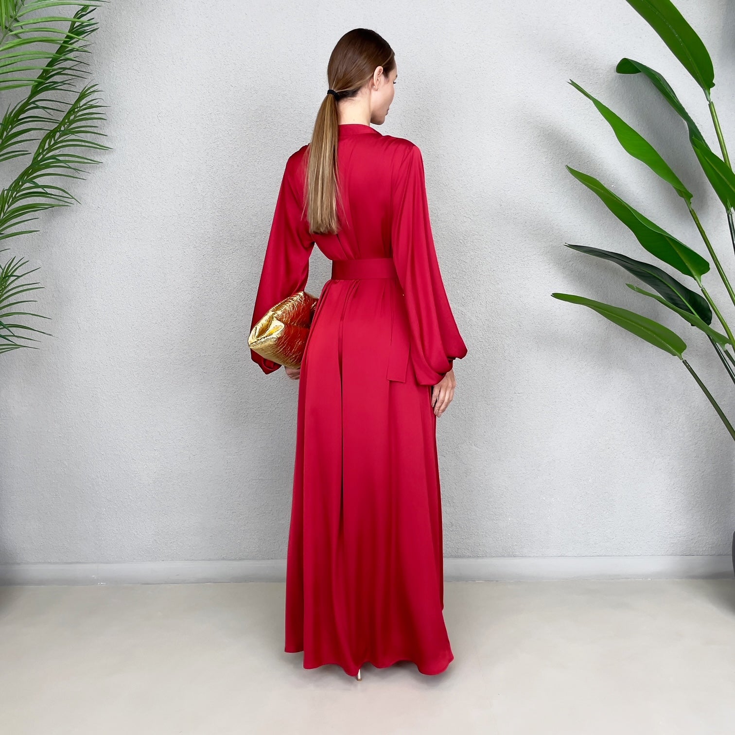 RAM23 LINA RED PEPPER KAFTAN BELTED MAXI DRESS