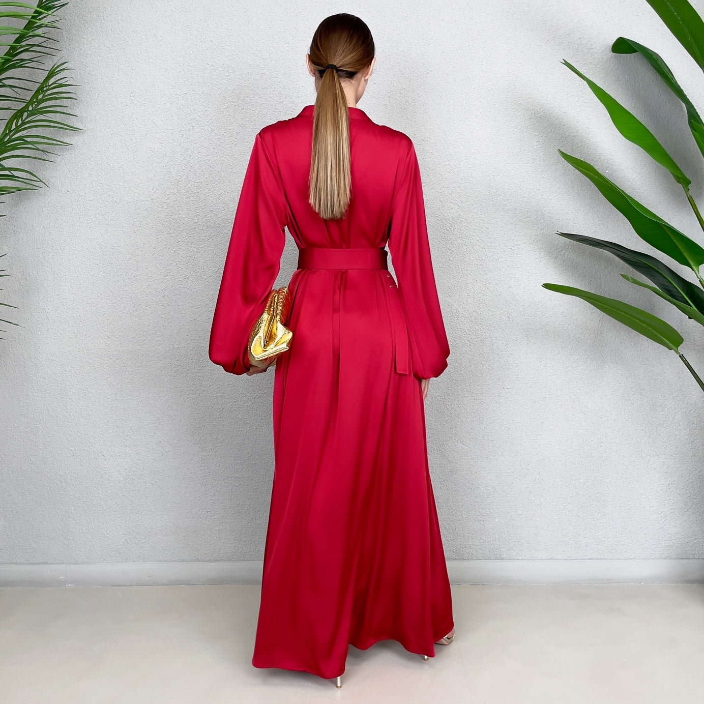 RAM23 LINA RED PEPPER KAFTAN BELTED MAXI DRESS