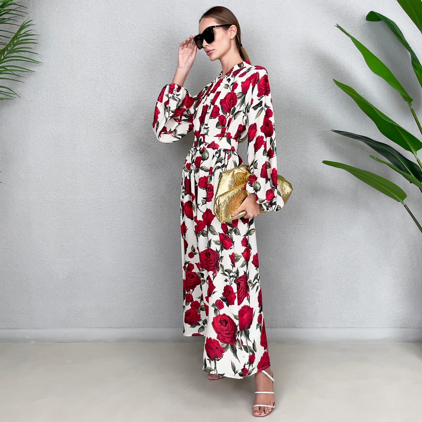 RAM23 LINA CREAM & RED KAFTAN BELTED MAXI DRESS