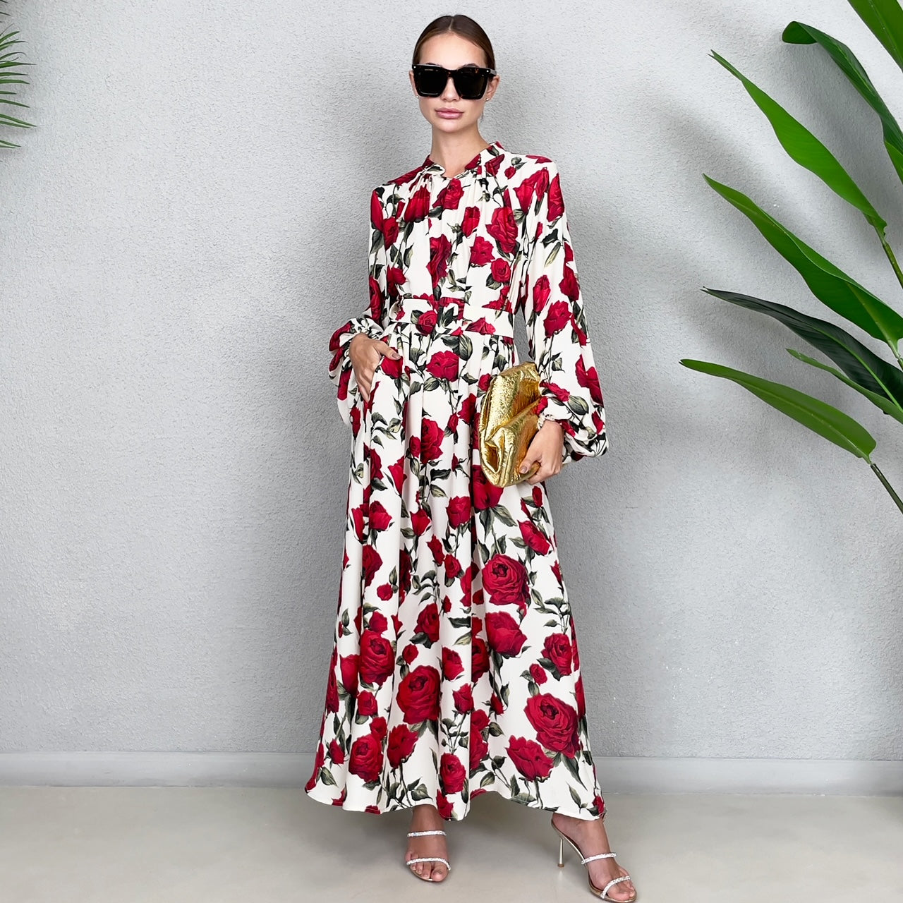 RAM23 LINA CREAM & RED KAFTAN BELTED MAXI DRESS