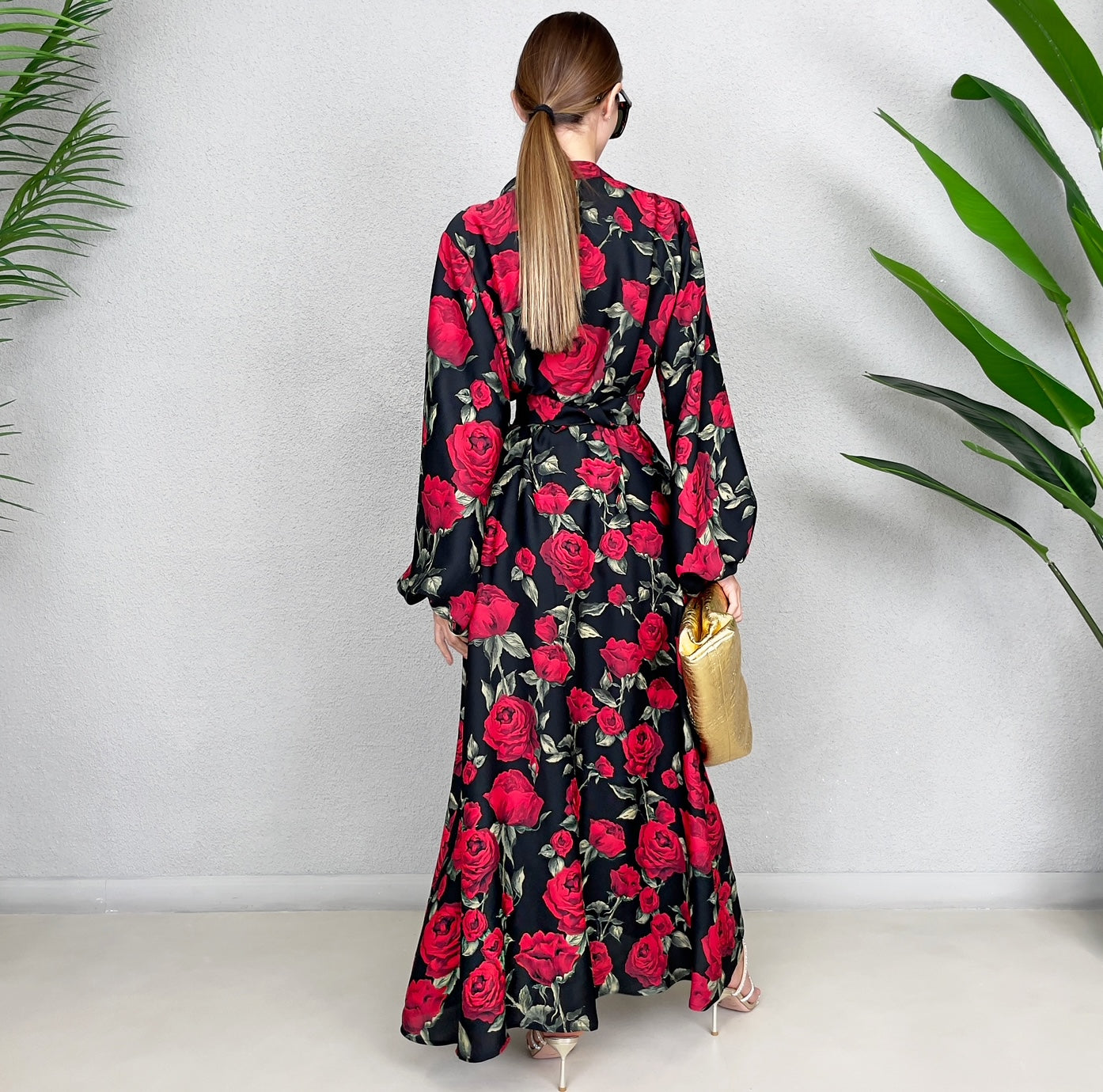 RAM23 LINA BLACK & RED KAFTAN BELTED MAXI DRESS