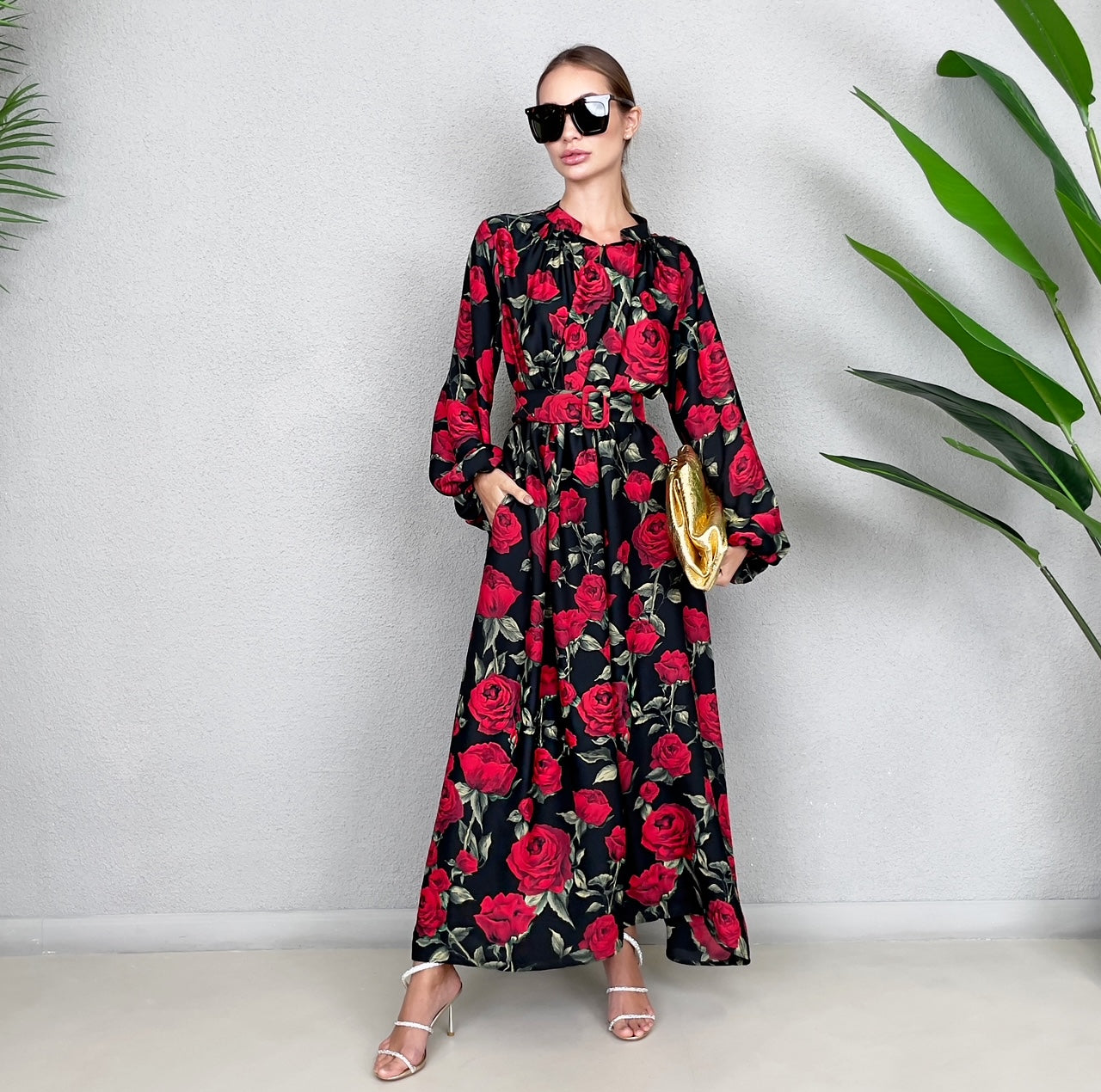 RAM23 LINA BLACK & RED KAFTAN BELTED MAXI DRESS
