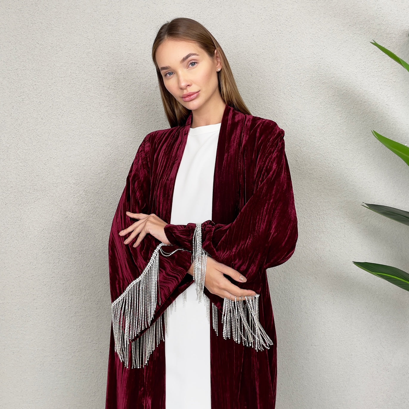 RAM23 BURGUNDY VELVET CRYSTAL FRINGE ABAYA