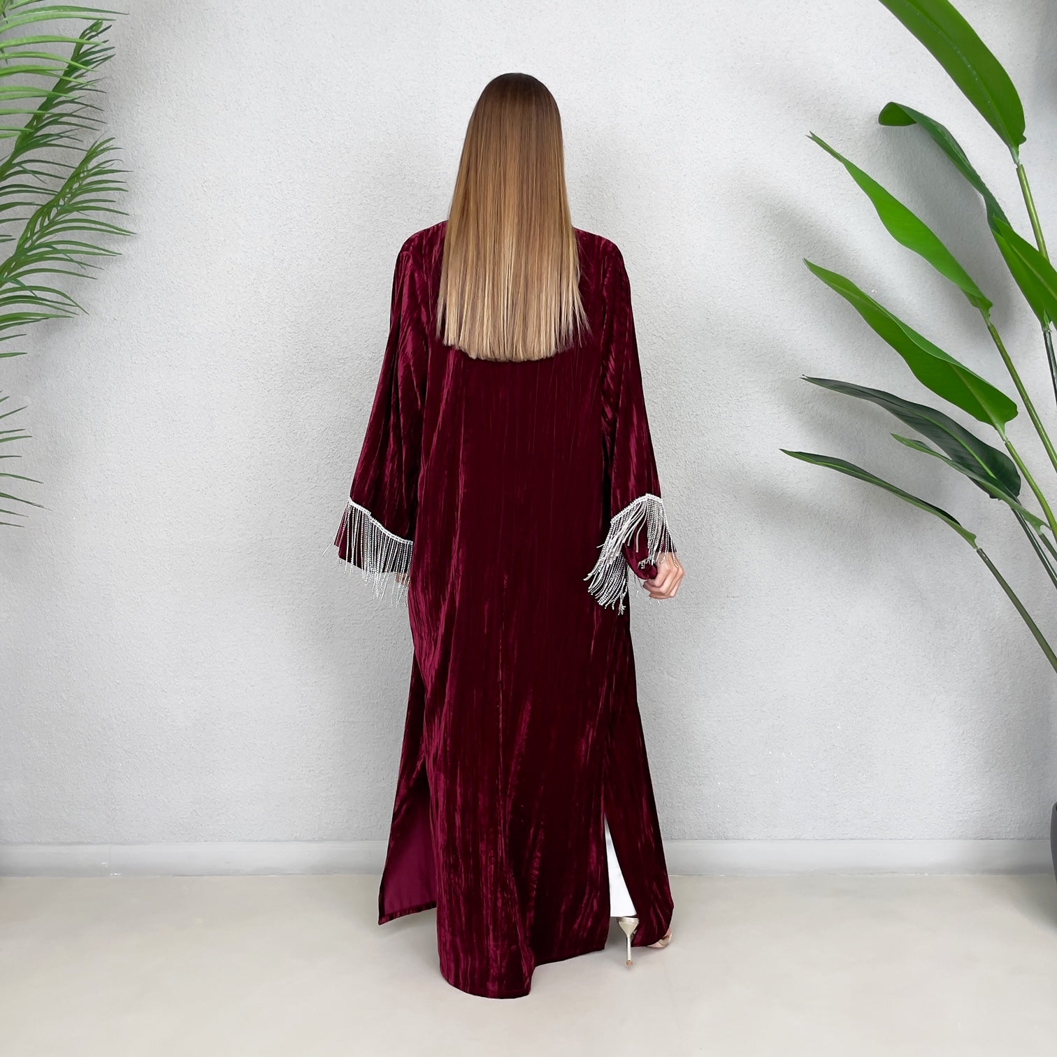 RAM23 BURGUNDY VELVET CRYSTAL FRINGE ABAYA