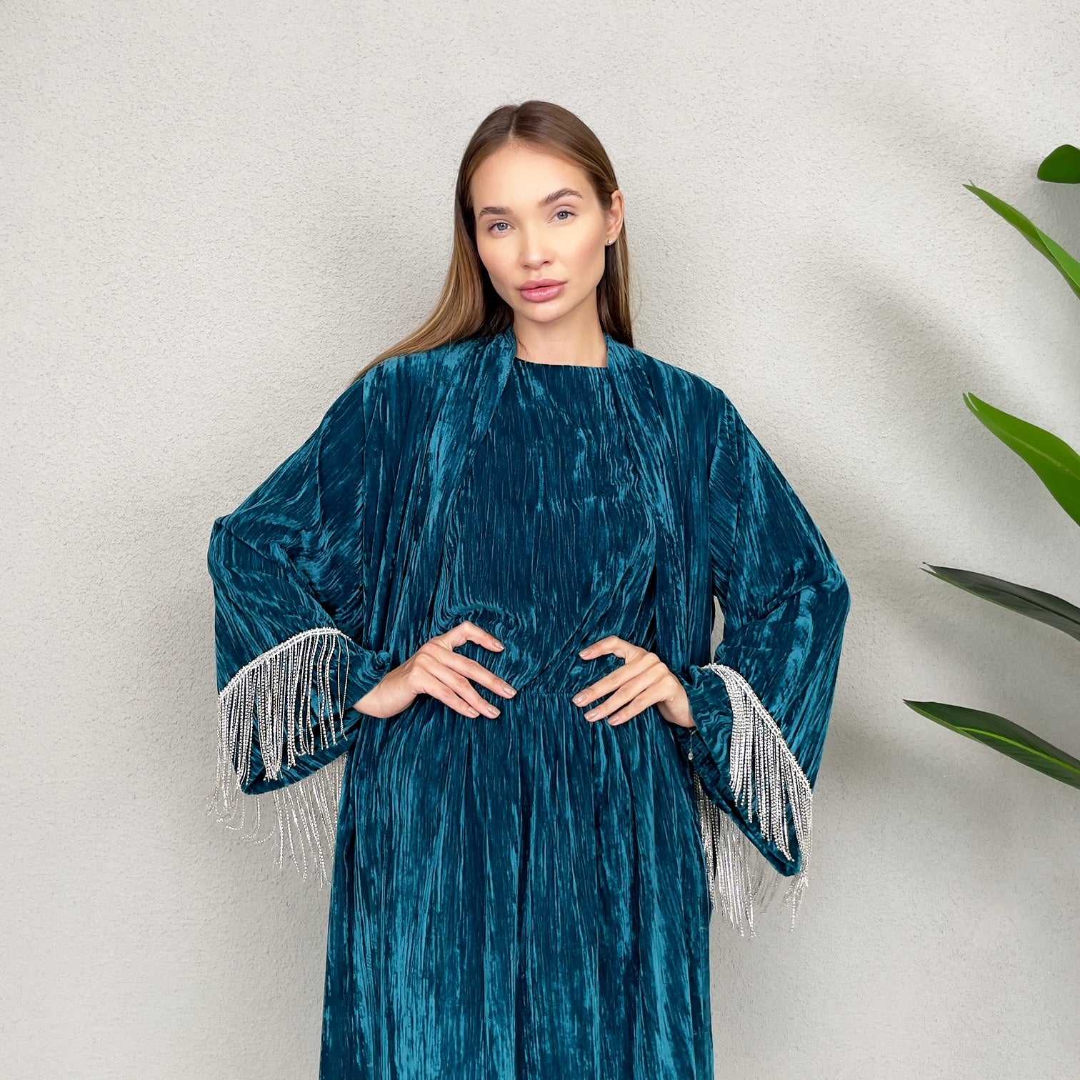RAM23 TEAL VELVET EVENING ABAYA SET