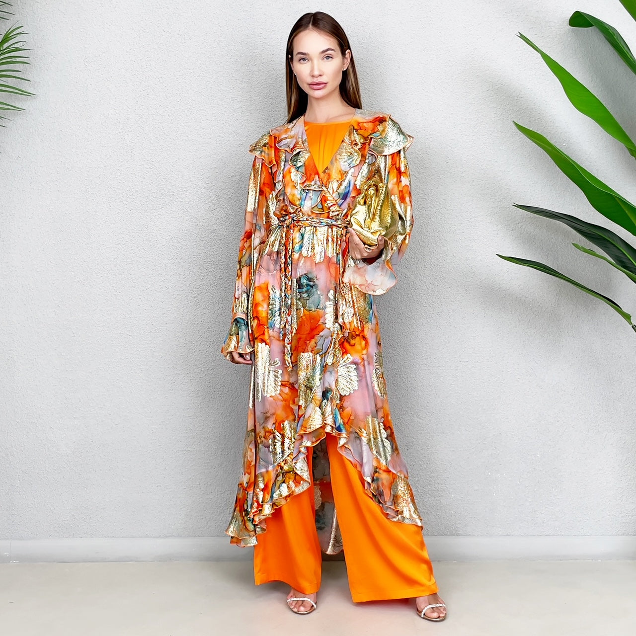 RAM23 GOLD & TANGERINE CHIFFON RUFFLE DRESS SET