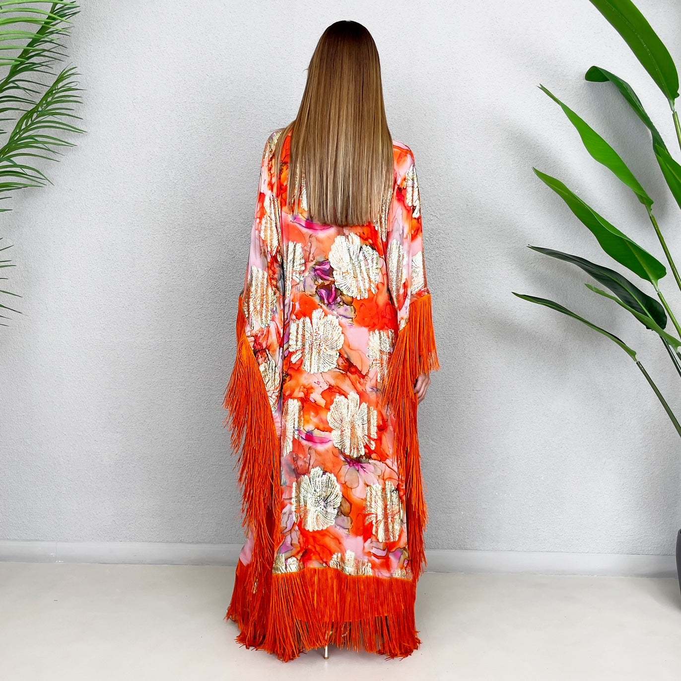 RAM23 GOLD & ORANGE CHIFFON KAFTAN