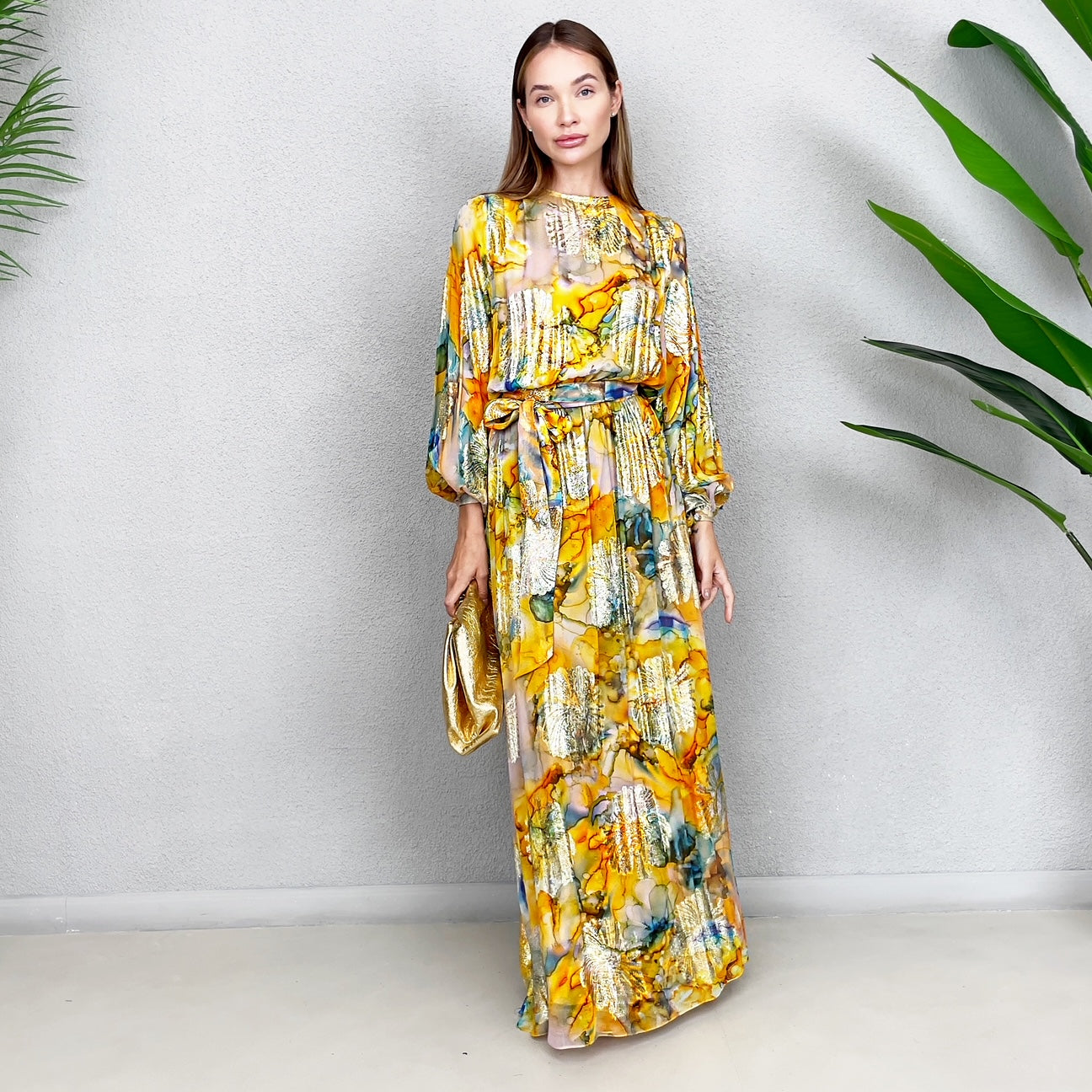 RAM23 GOLD &YELLOW CHIFFON MAXI DRESS