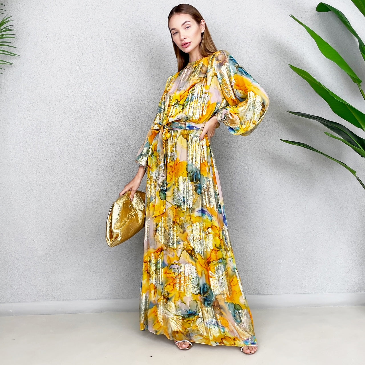 RAM23 GOLD &YELLOW CHIFFON MAXI DRESS