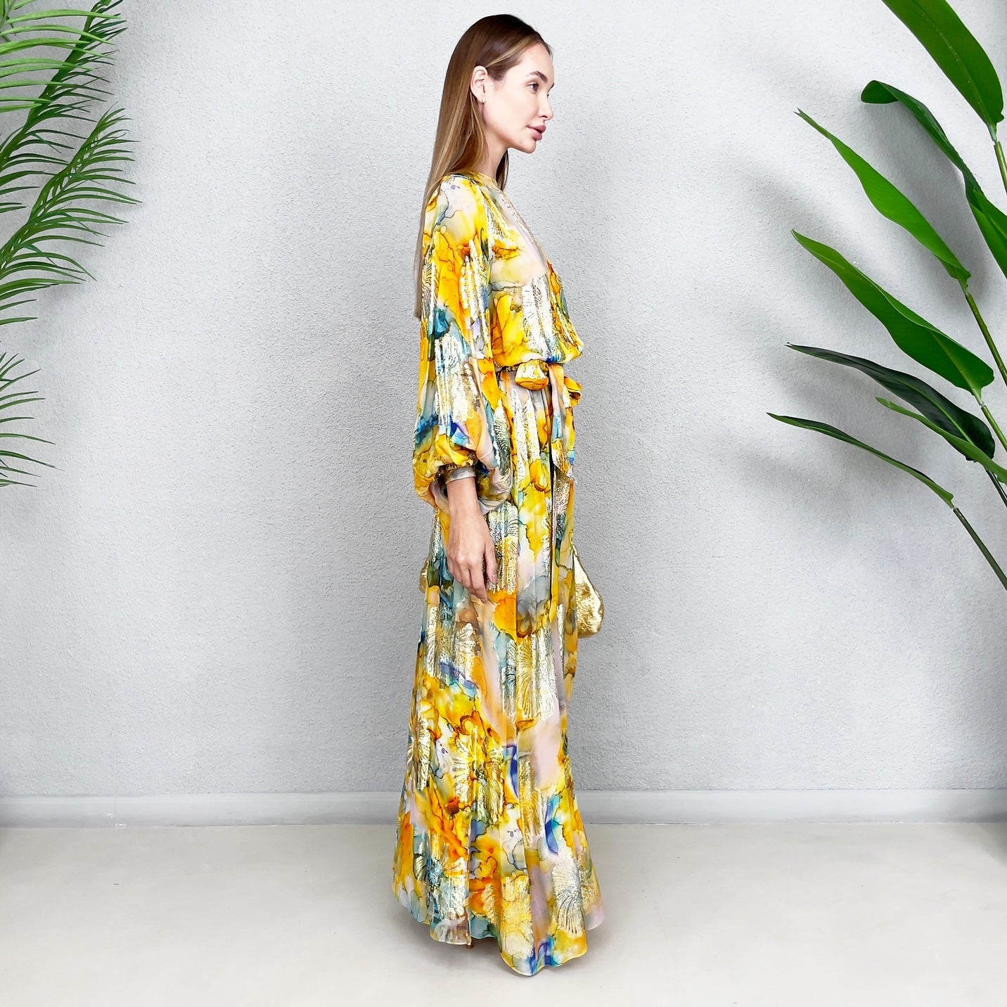 RAM23 GOLD &YELLOW CHIFFON MAXI DRESS