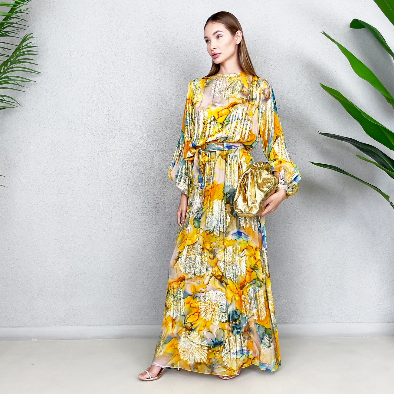 RAM23 GOLD &YELLOW CHIFFON MAXI DRESS