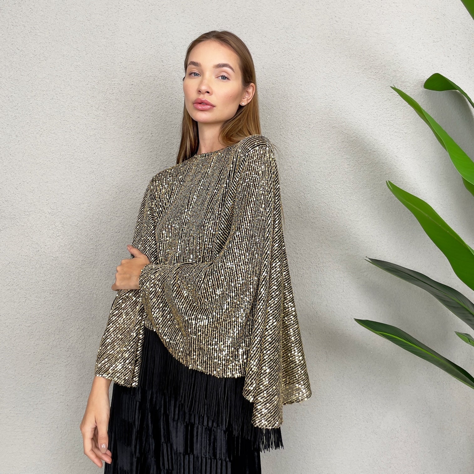 RAM23 Gold Sequins Butterfly Blouse with Pleated Velvet Pants
