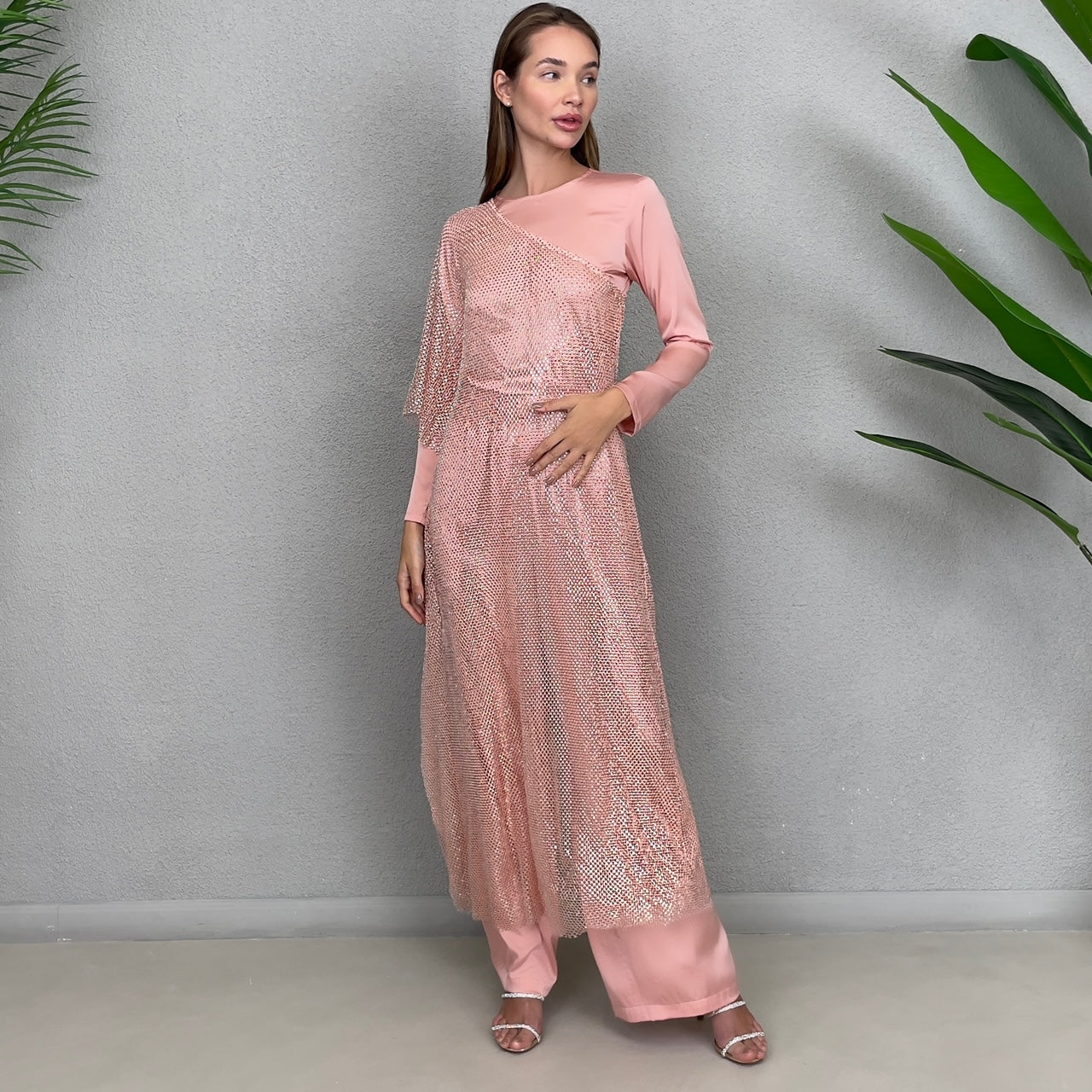 RAM23 CRYSTAL MESH TUNIC SALMON SET